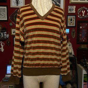 Vintage Velour V-Neck Shirt 1960 to 1970 Brown Tan and Red Stripes Cotton